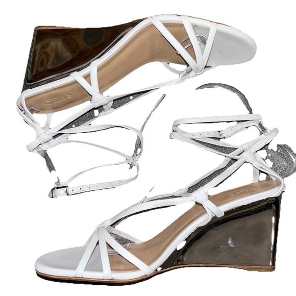 CHLOE Rebecca Sandals White Leather EU 39 Wedge Strappy Boho Silver Metallic New - Picture 8 of 12